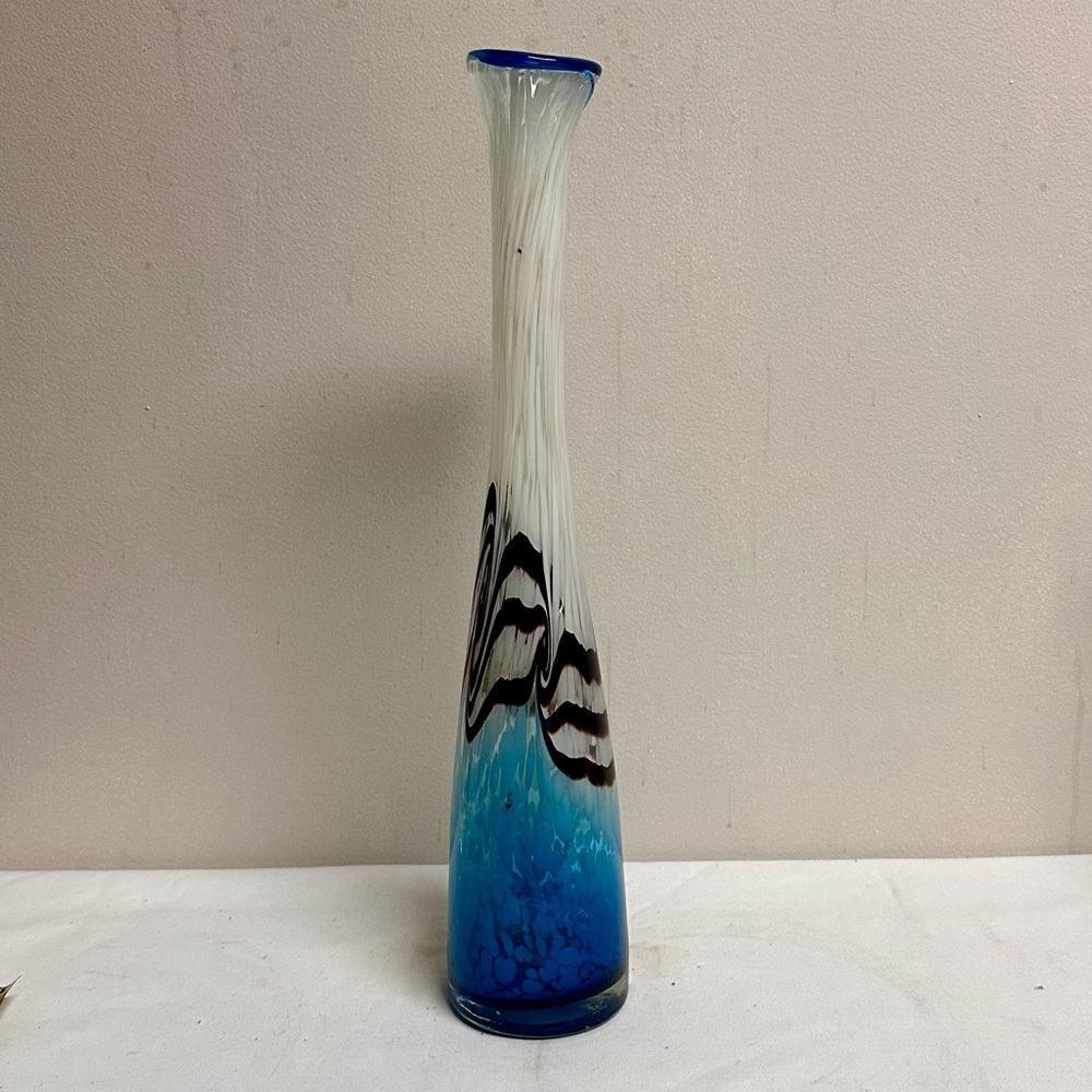 Mid-Century Tall Murano Art Glass Vase, Blue, Purple and White-18”H